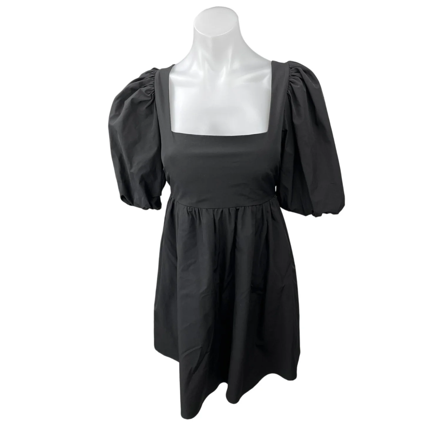 Kourt Black Balloon Half Sleeve Square Neck Tie Back Mini A Line Dress Size L
