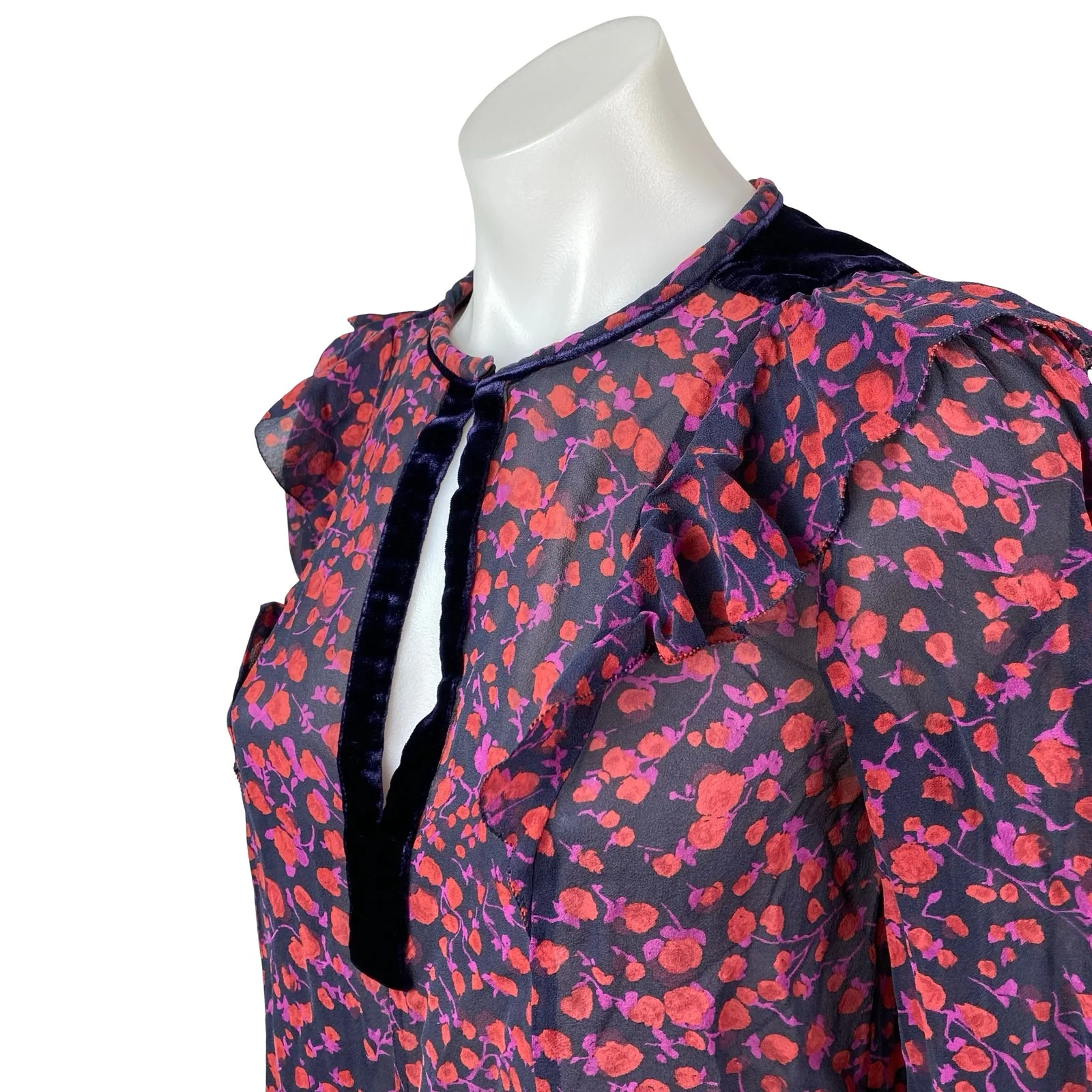 L.K. Bennett Multicolor Mesh Sheer Floral Long Sleeve Cutout Blouse Top Size 4 - Image 3