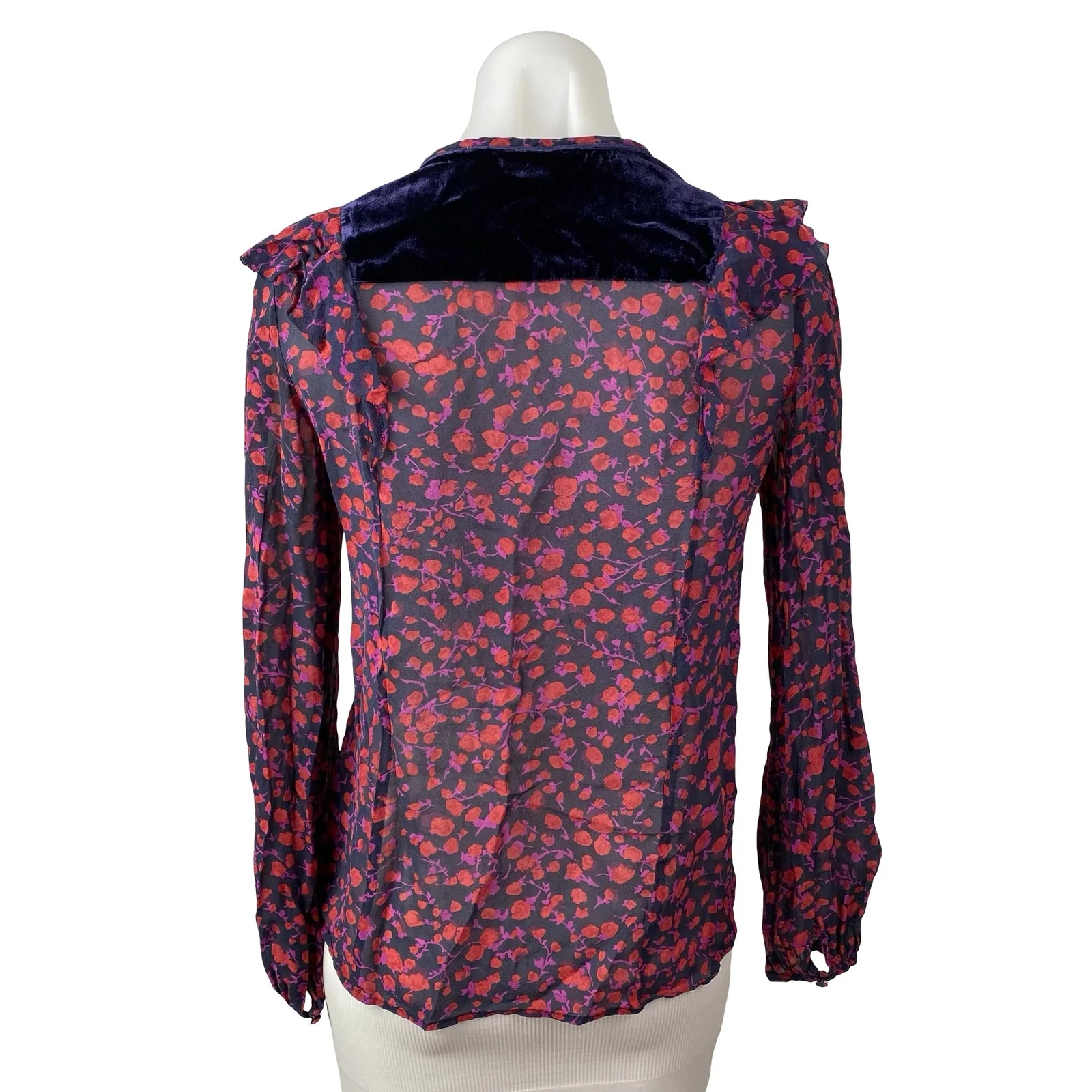 L.K. Bennett Multicolor Mesh Sheer Floral Long Sleeve Cutout Blouse Top Size 4 - Image 4