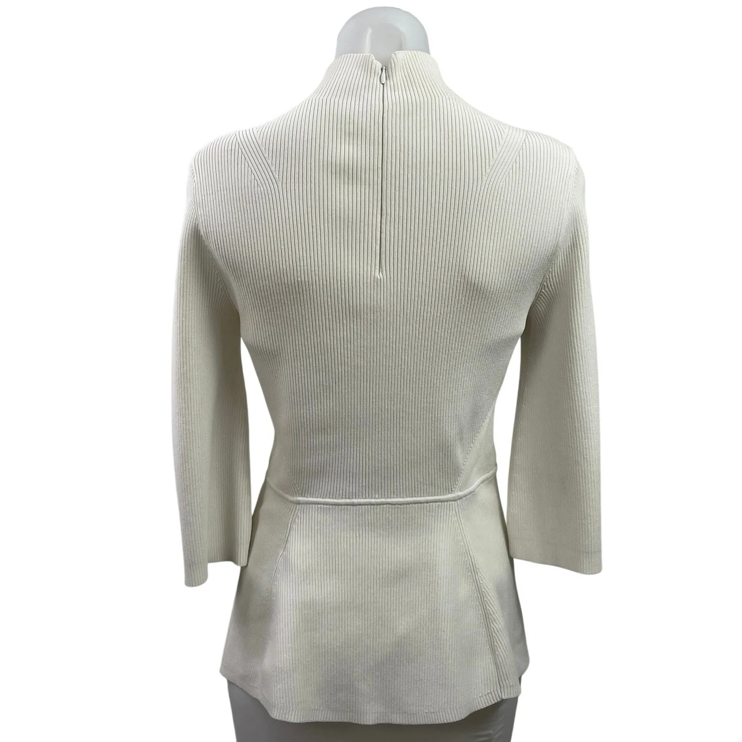 L.K. Bennett White Mock Neck Ribbed Knit 3/4 Sleeve Peplum Sweater Top Size S - Image 3