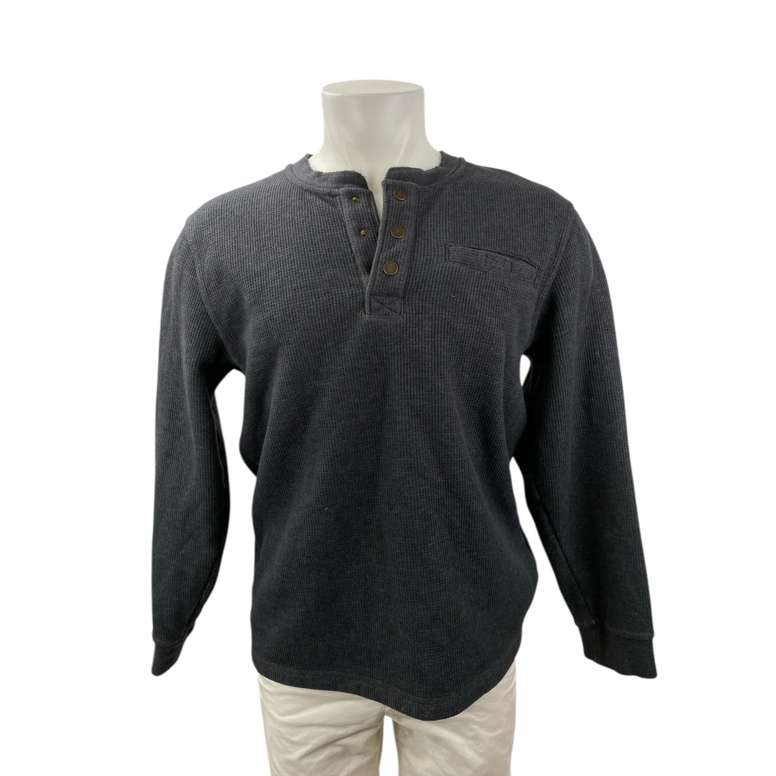 L.L. Bean Men's Black Long Sleeve Henley Waffle Knit Faux Sherpa Sweater Top M