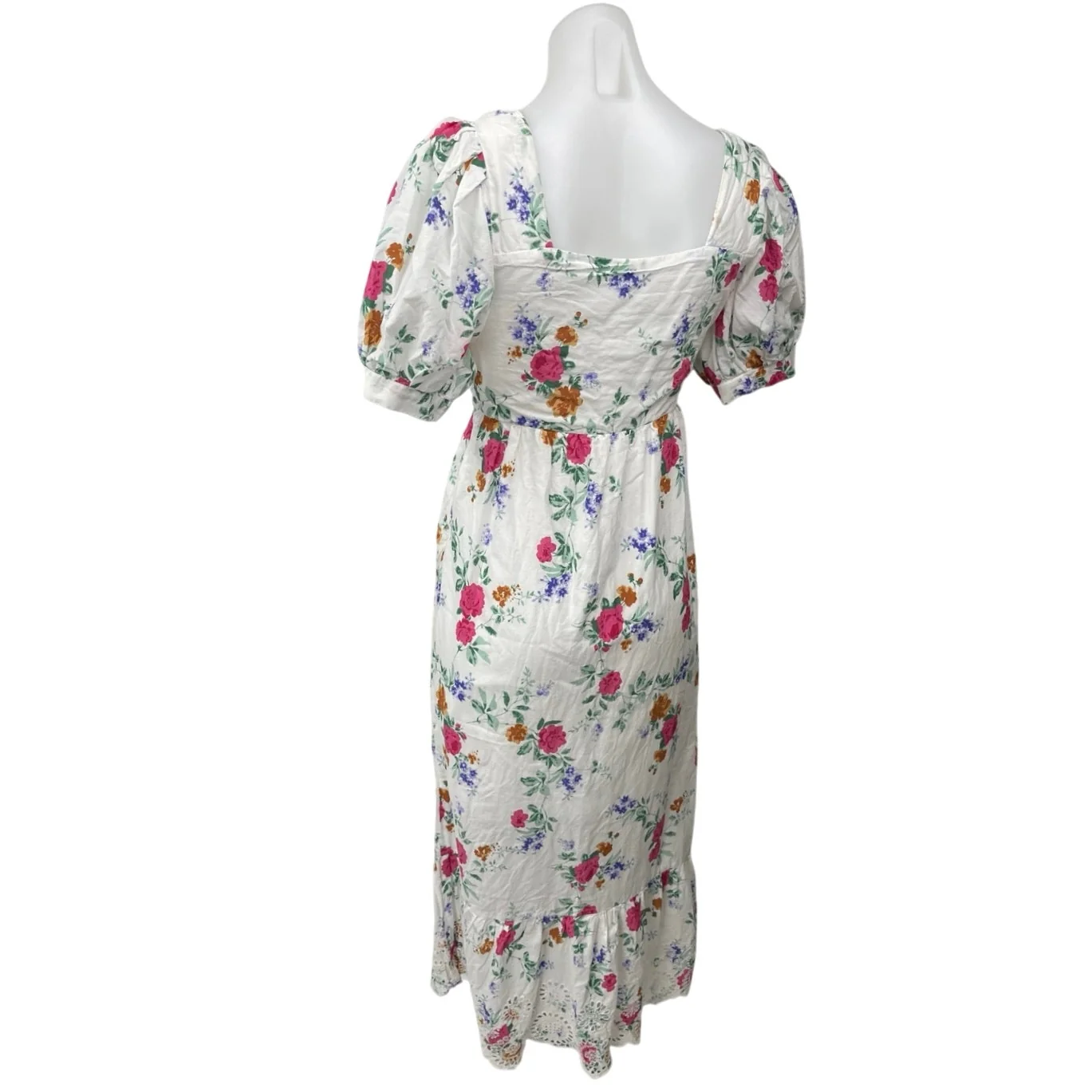 L.O.V White Multicolor Floral Puff Sleeve Square Neck Tie Waist Midi Dress Sz S - Image 2