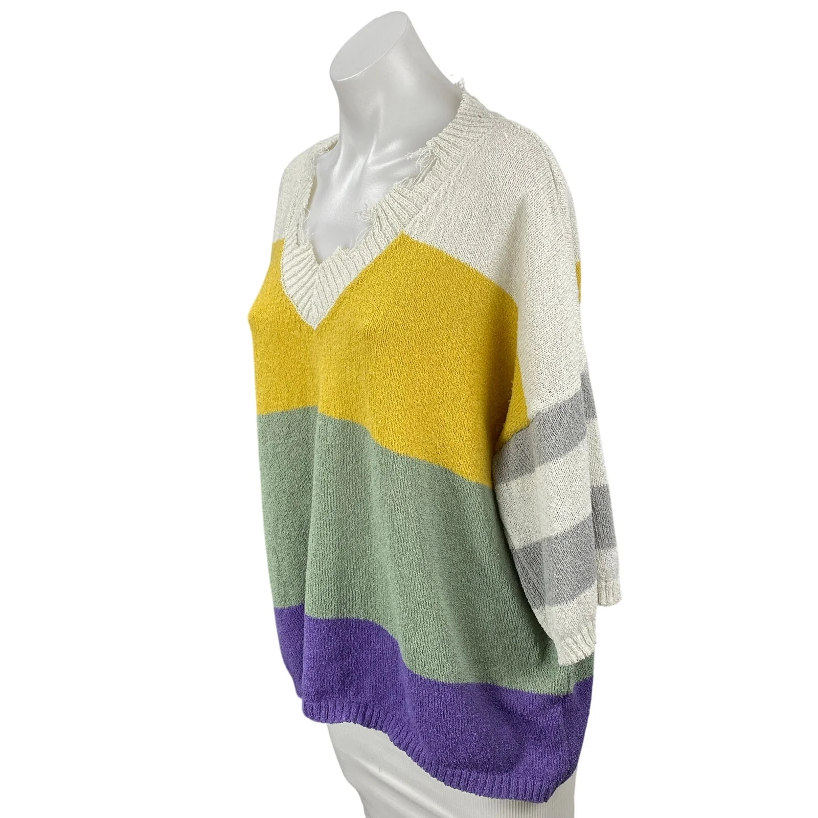 La Miel Women's Multicolor Colorblock Striped Distressed V Neck Sweater Top S - Image 3