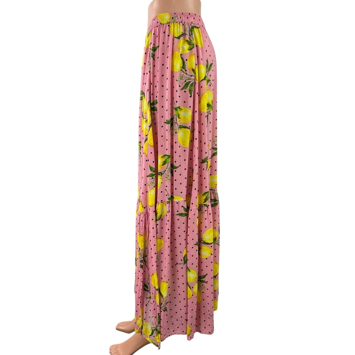 Label of Love Pink Lemon Polka Dot Tassel Tie Tropical Tiered Midi Skirt Size M - Image 2