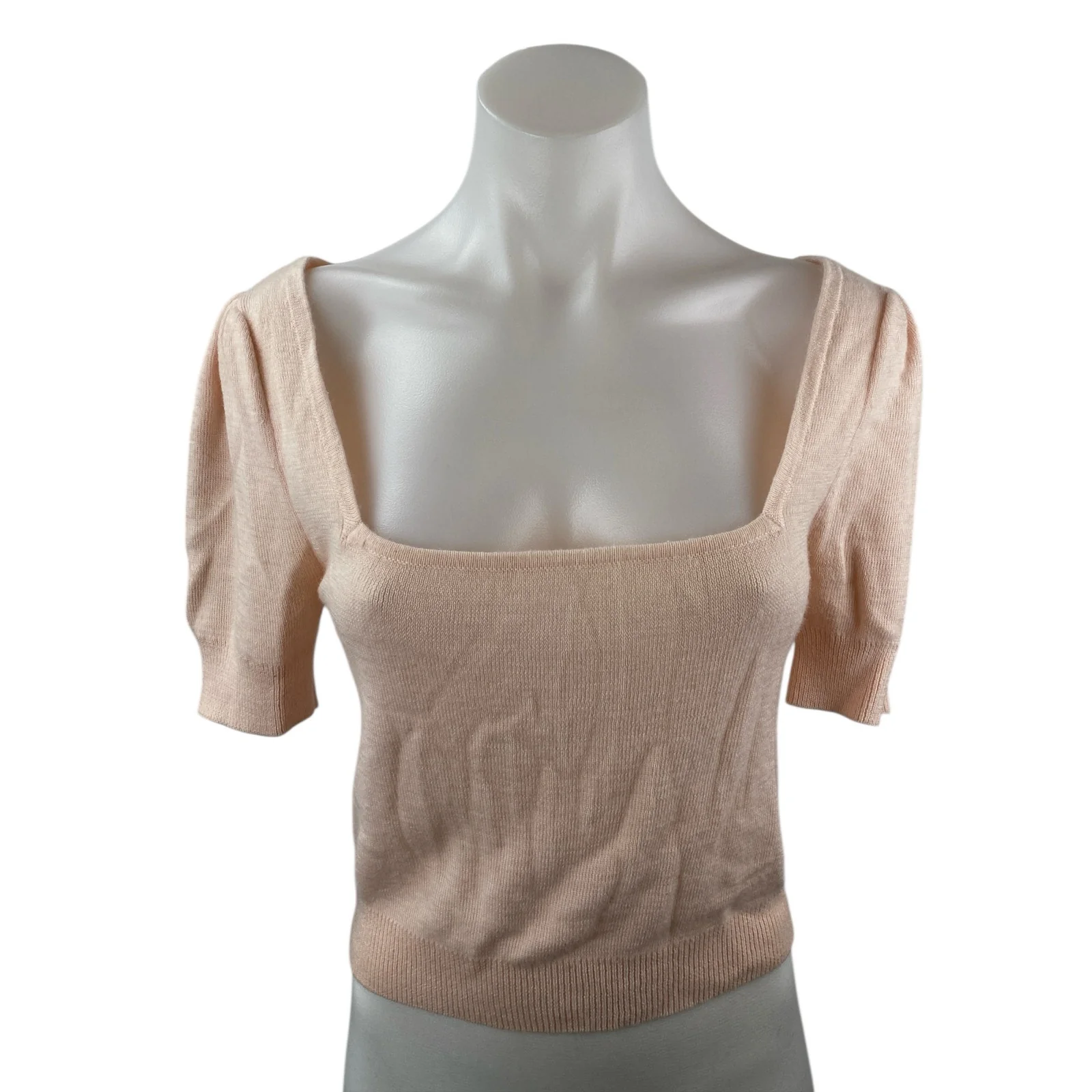 L'Academie Women's Pink Wool Square Neck Short Puff Sleeve Crop Blouse Top Sz XS