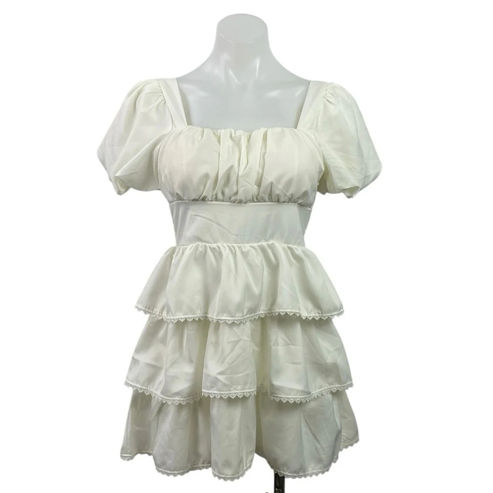 Lan White Ivory Short Puff Sleeve Tiered Lace Ruffle Smocked Romper Shorts S