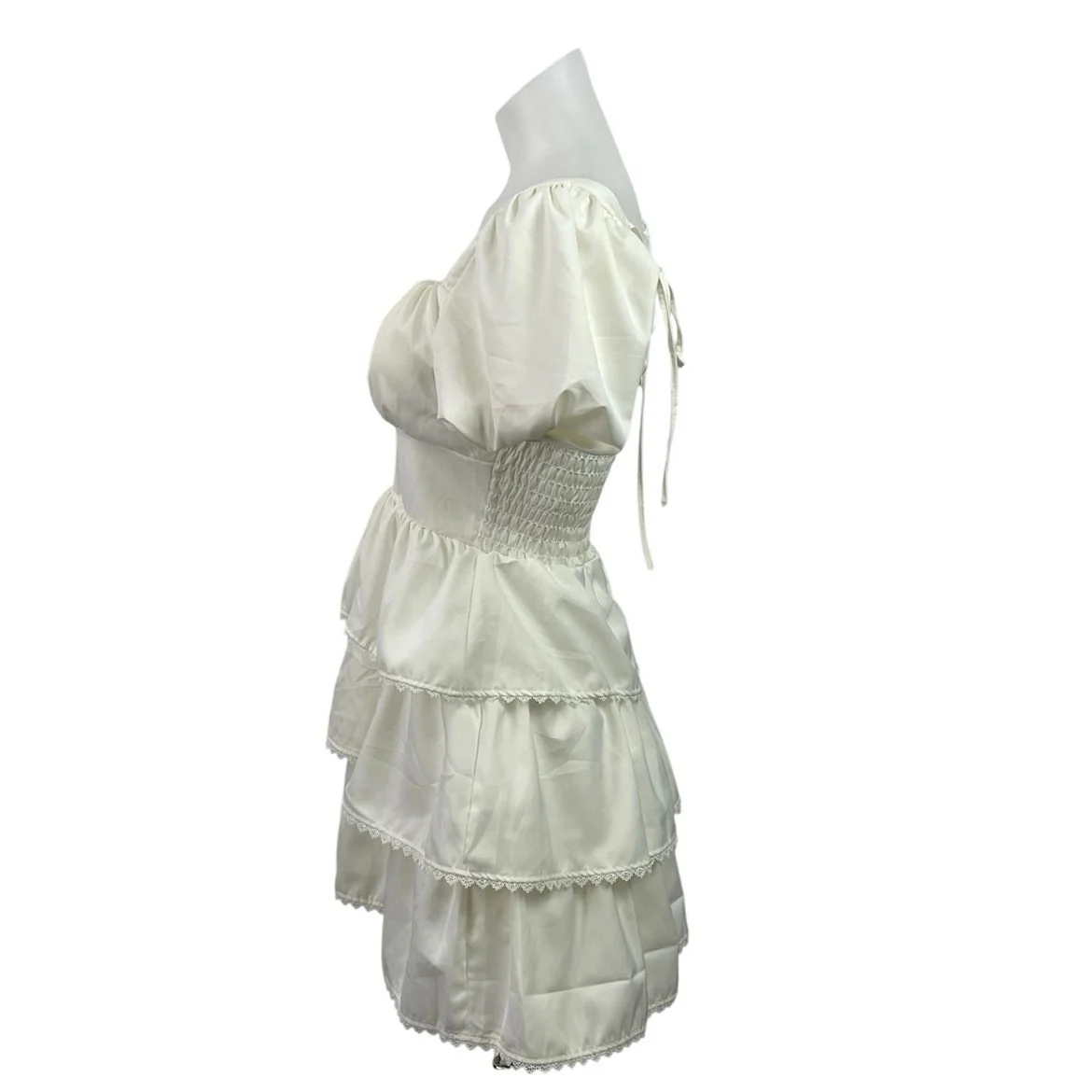Lan White Ivory Short Puff Sleeve Tiered Lace Ruffle Smocked Romper Shorts S - Image 2