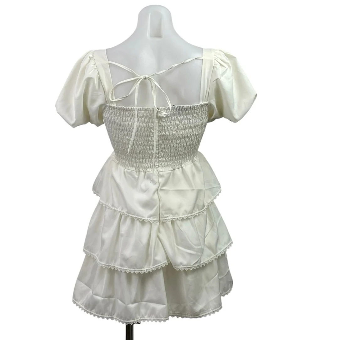 Lan White Ivory Short Puff Sleeve Tiered Lace Ruffle Smocked Romper Shorts S - Image 3
