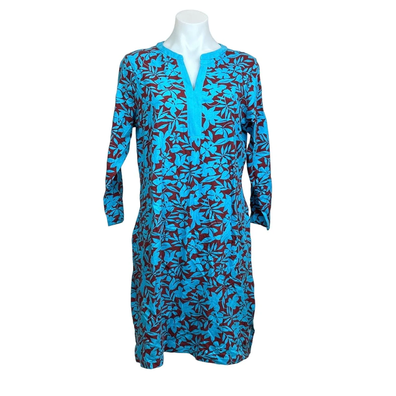 Lands' End Blue Red Floral Print Split V-neck Knee Length Long Sleeve Dress Sz M