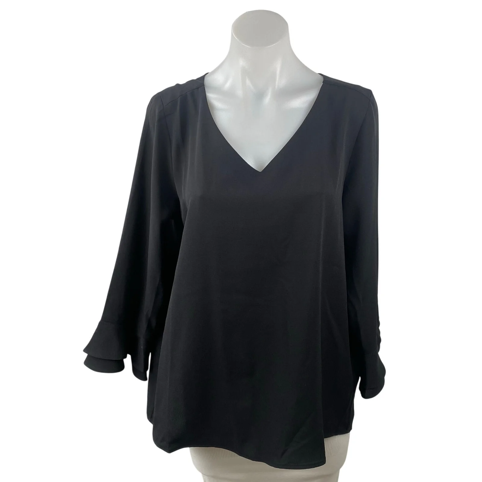 Lands' End Women's Black V Neck Long Sleeve Minimalist T-Shirt Blouse Top Sz 12