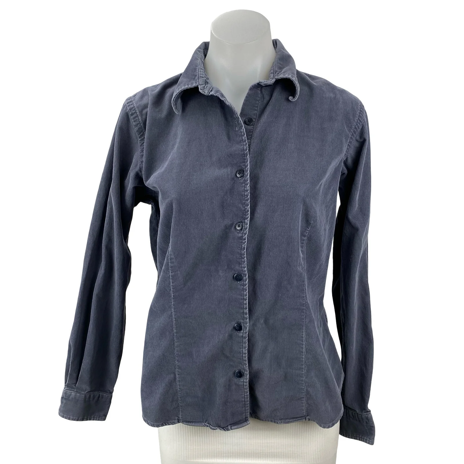Lands' End Women's Navy Blue Corduroy Long Sleeve Button Down Shirt Top Size S