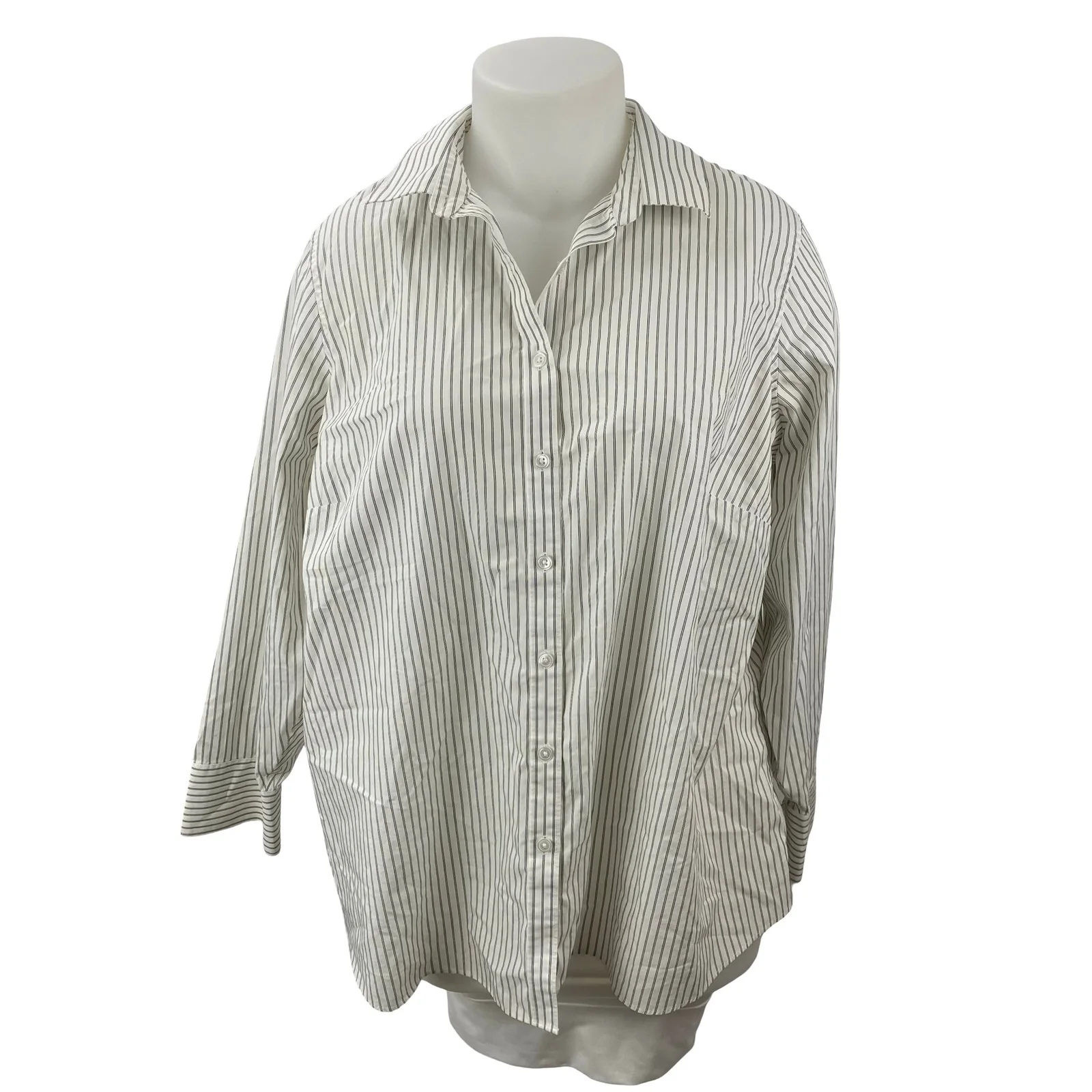 Lands' End Women's White Black Striped Long Sleeve Button Down Shirt Top 24W