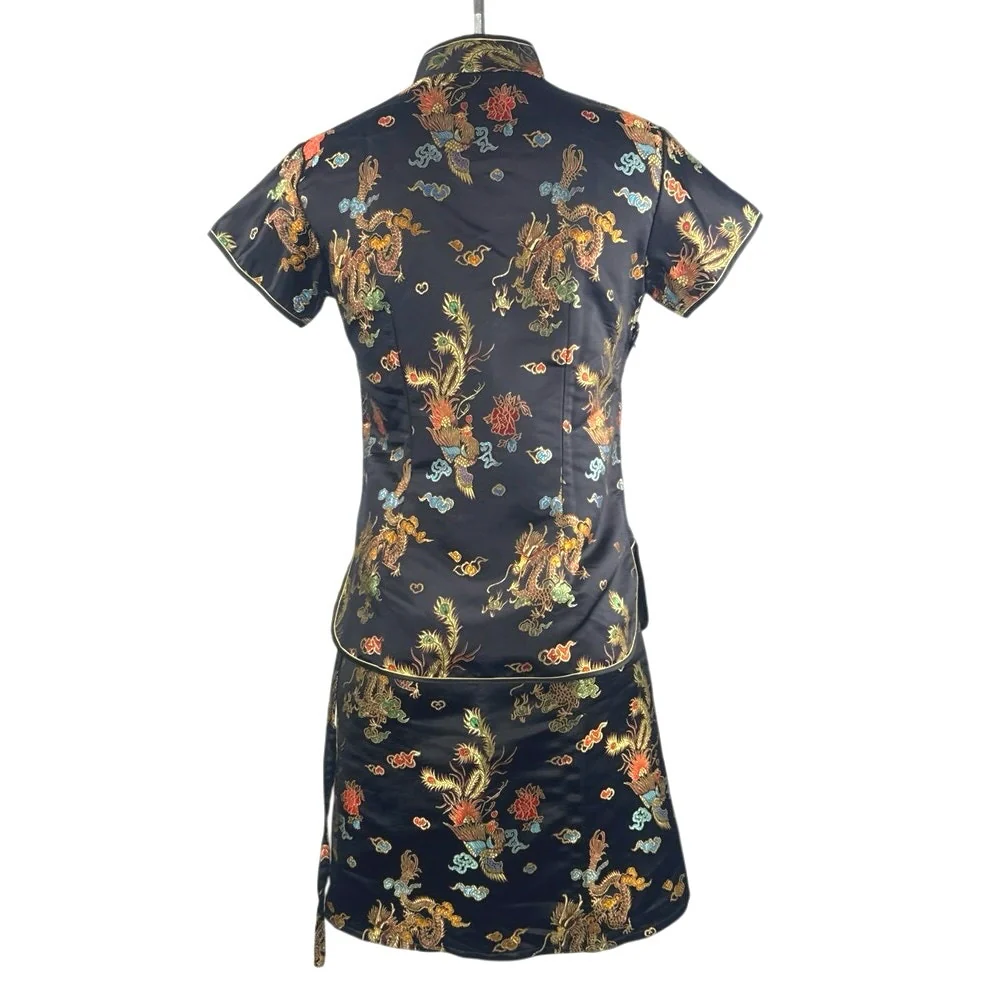 Laogudai Black Cheongsam Qipao Chinese Short Sleeve 2-Piece Skirt Set Size S - Image 3