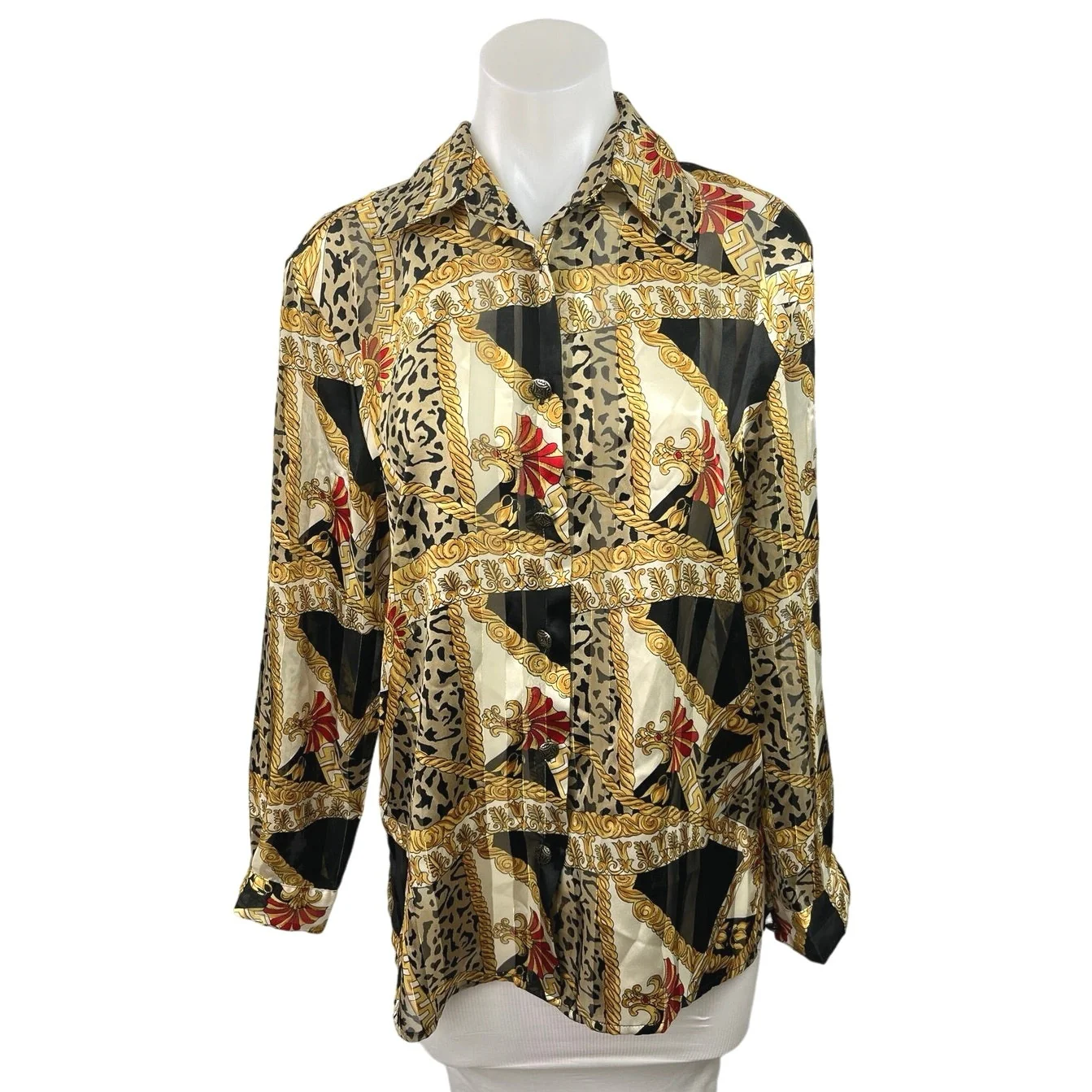 Laura Petites Multicolor Brown Silk Button Down Long Sleeeve Shirt Top Size 2