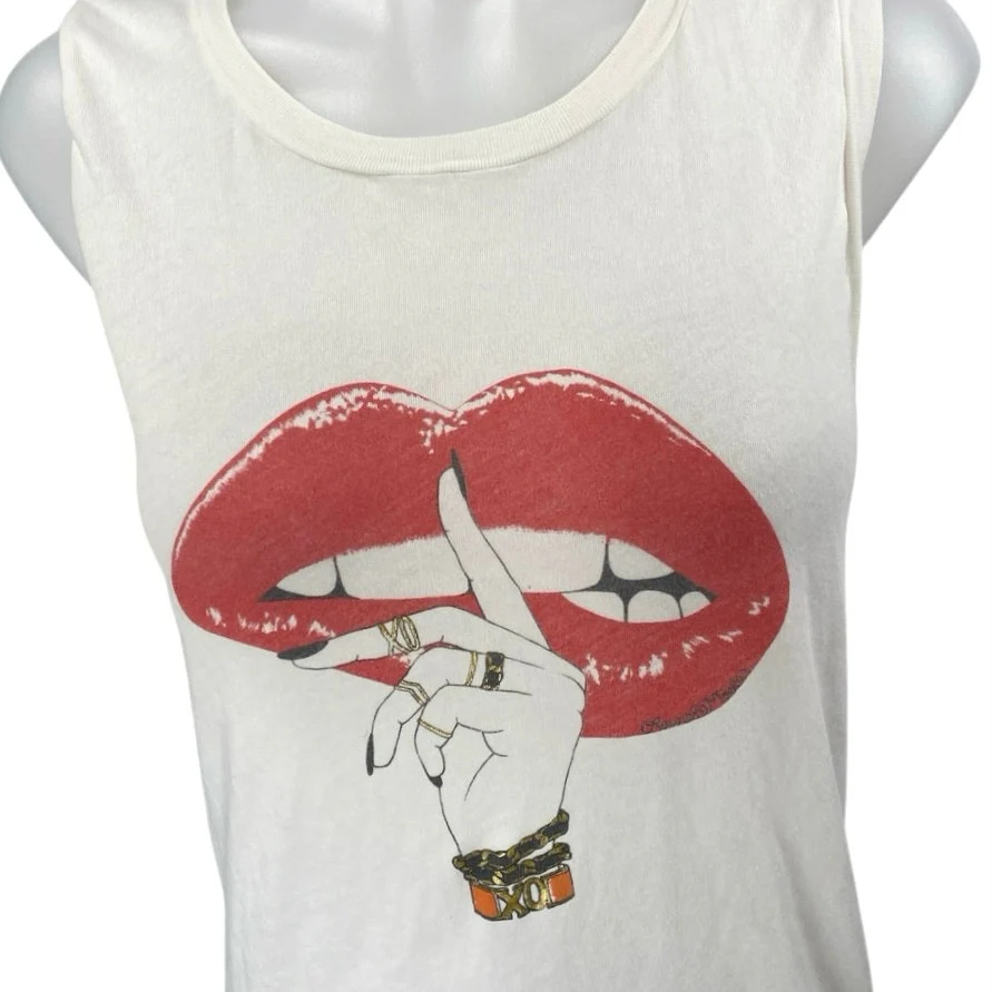 Lauren Moshi Ashlin White Red Lips Graphic Print Sleeveless Cami Tank Top Size L - Image 3
