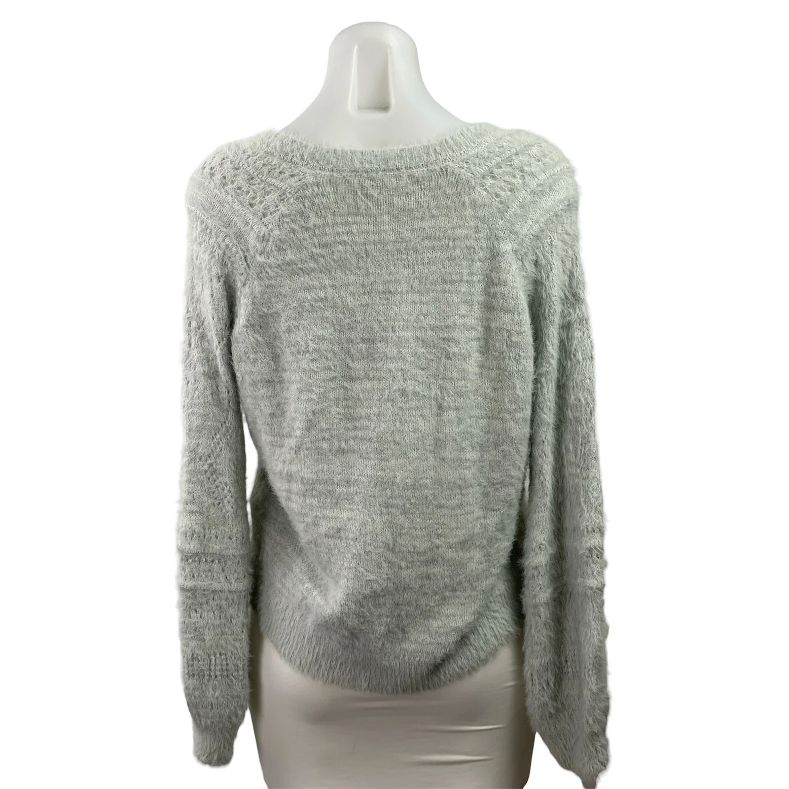 LC Lauren Conrad Gray Fuzzy V-neck Pointelle Chevron Long Sleeve Sweater Top S - Image 3