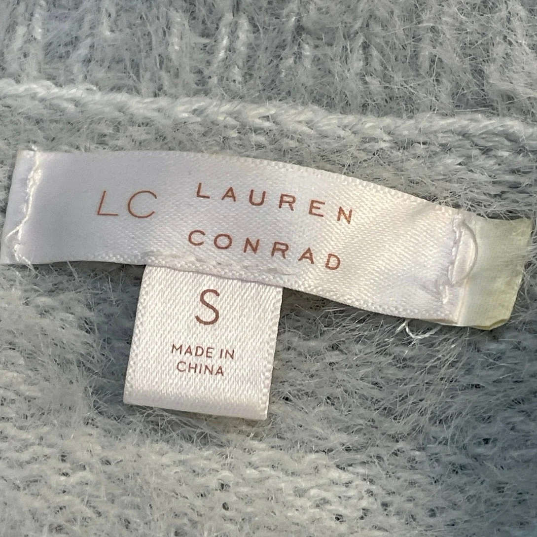 LC Lauren Conrad Gray Fuzzy V-neck Pointelle Chevron Long Sleeve Sweater Top S - Image 4