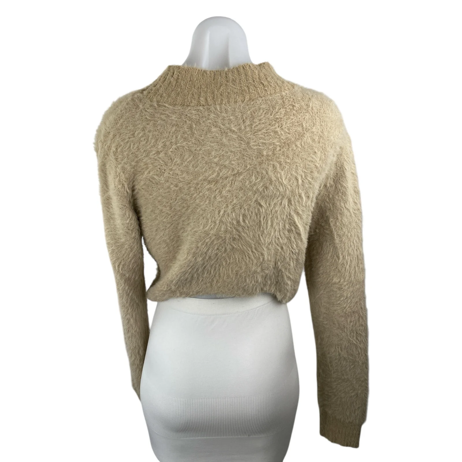 Le Lis Beige Fuzzy Knit Mock Neck Long Sleeve Drawstring Hem Crop Sweater Top L - Image 2