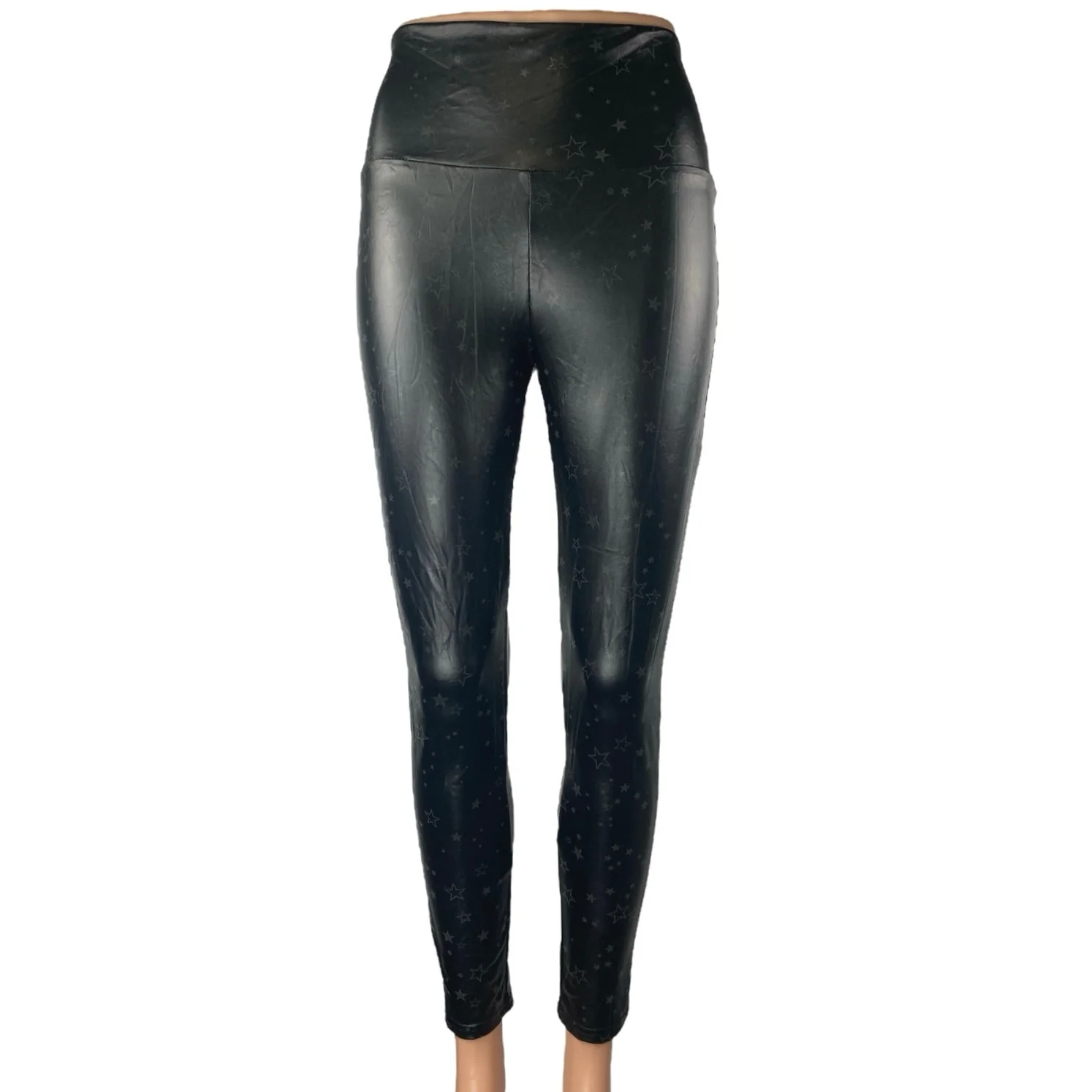 Le Lis Black Starry Print Faux Leather Vegan High Rise Leggings Pants Size S