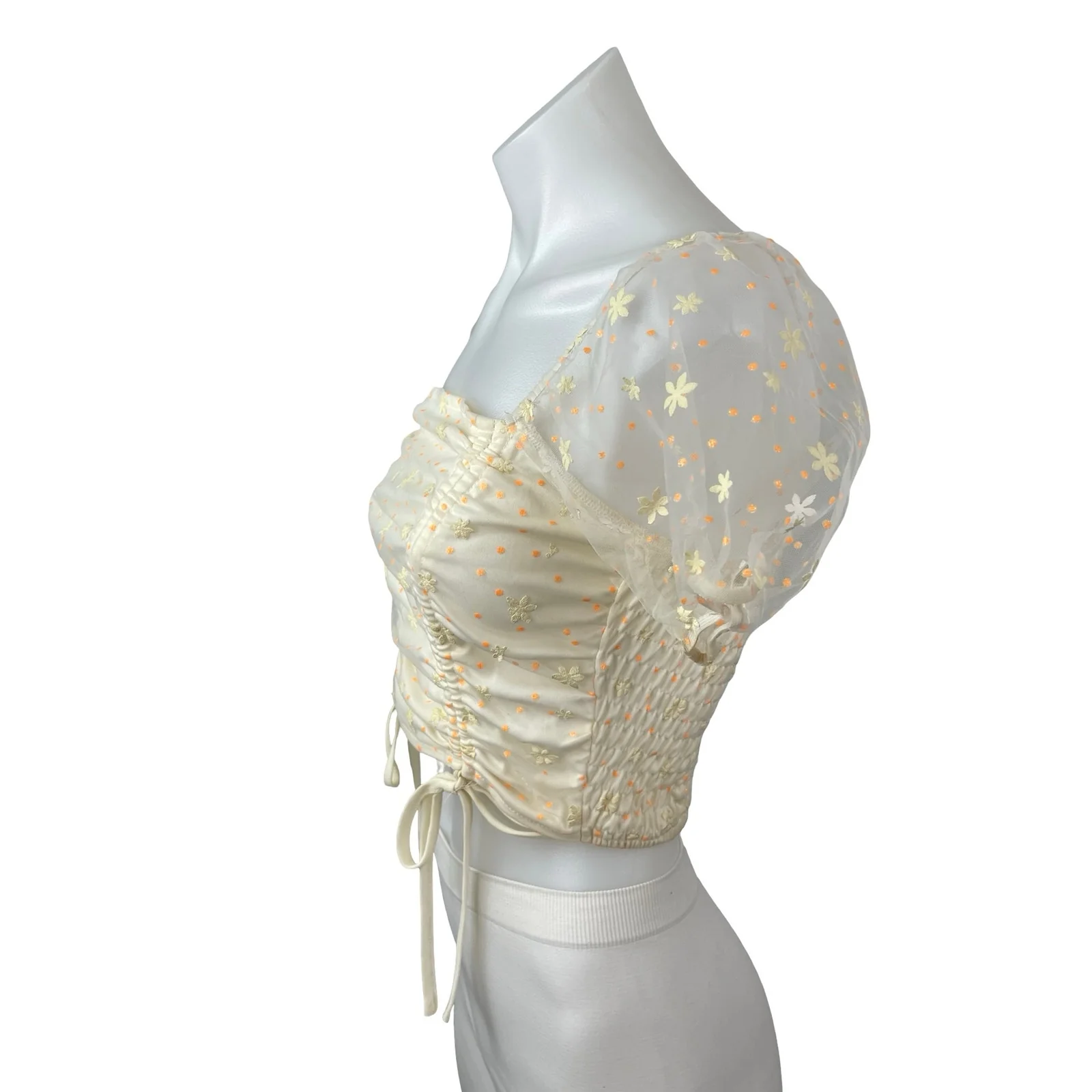 Le Lis Daisy Womens Floral Tulle Sheer Mesh Ruched Puff Sleeve Corset Crop Top S - Image 2