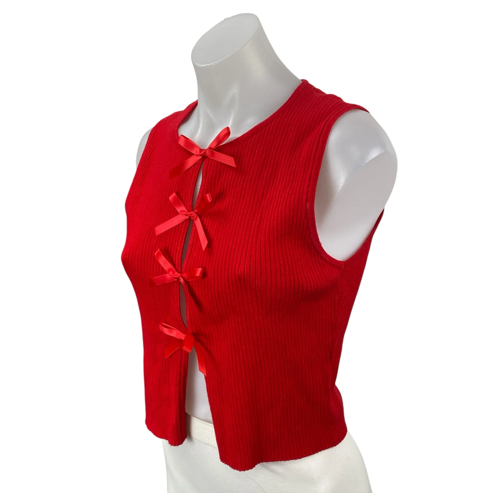 Le Lis Red Sleeveless Ribbed Knit Bow Ribbon Knit Cami Tank Blouse Crop Top M - Image 3