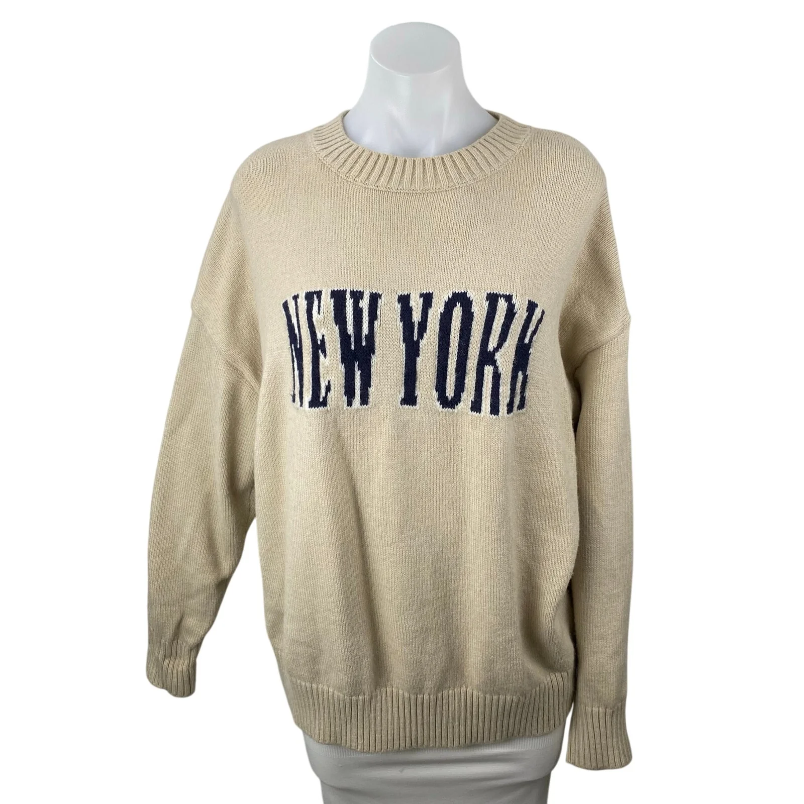 Le Lis Women's Beige New York Long Sleeve Crew Neck Oversized Sweater Top Size M