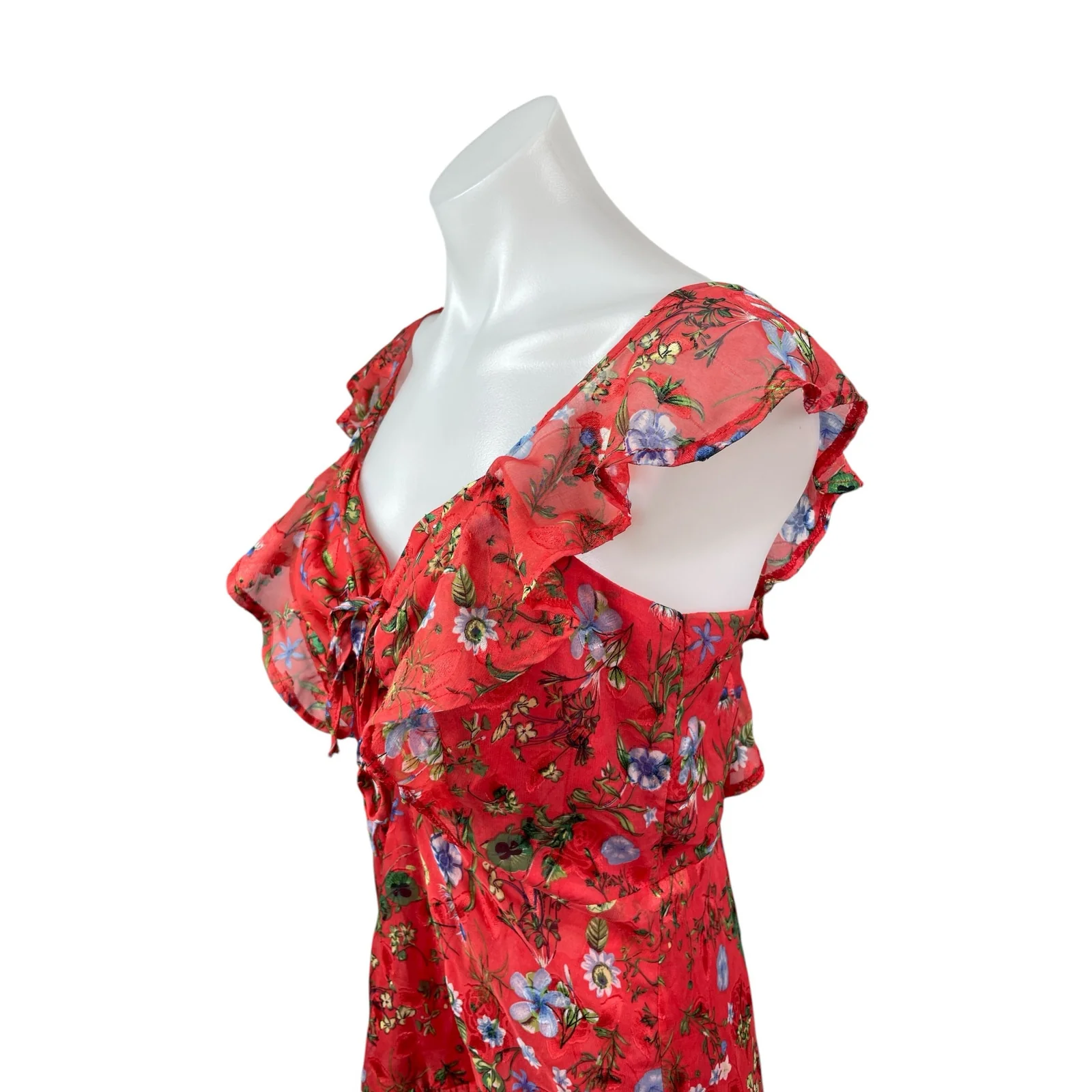 Lea & Viola Red Floral Ruffle Short Sleeve Tiered Sweetheart Tank Mini Dress M - Image 2