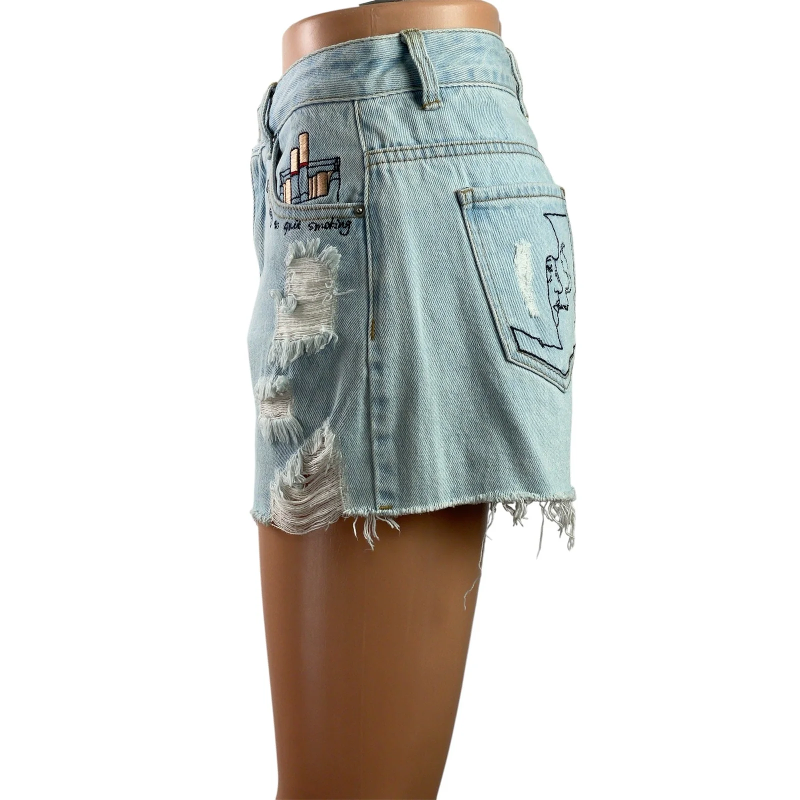 Ledin Love Blue Distressed Embroidered High Rise Cut Off Denim Jeans Shorts M - Image 2