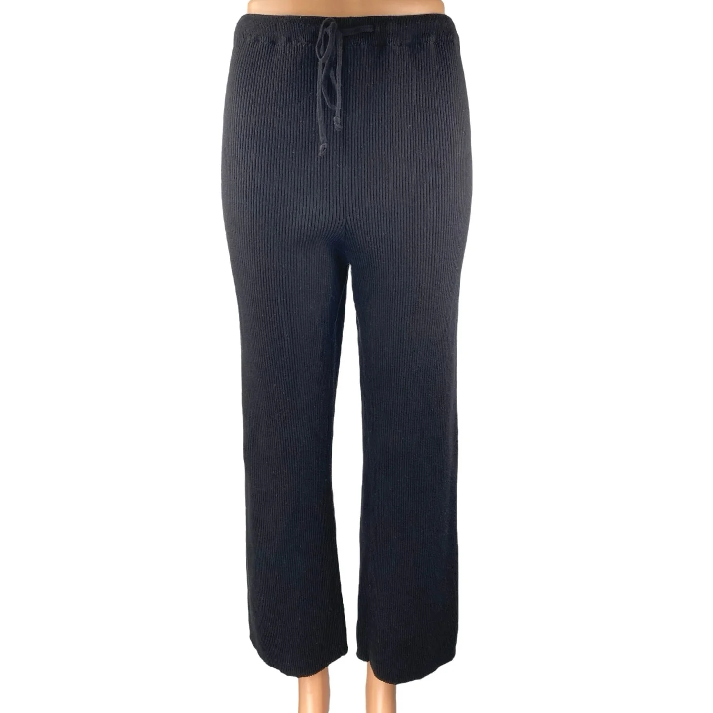 Legoe Heritage Womens Black Rib Knit Straight Leg High Waist Trousers Pants XS