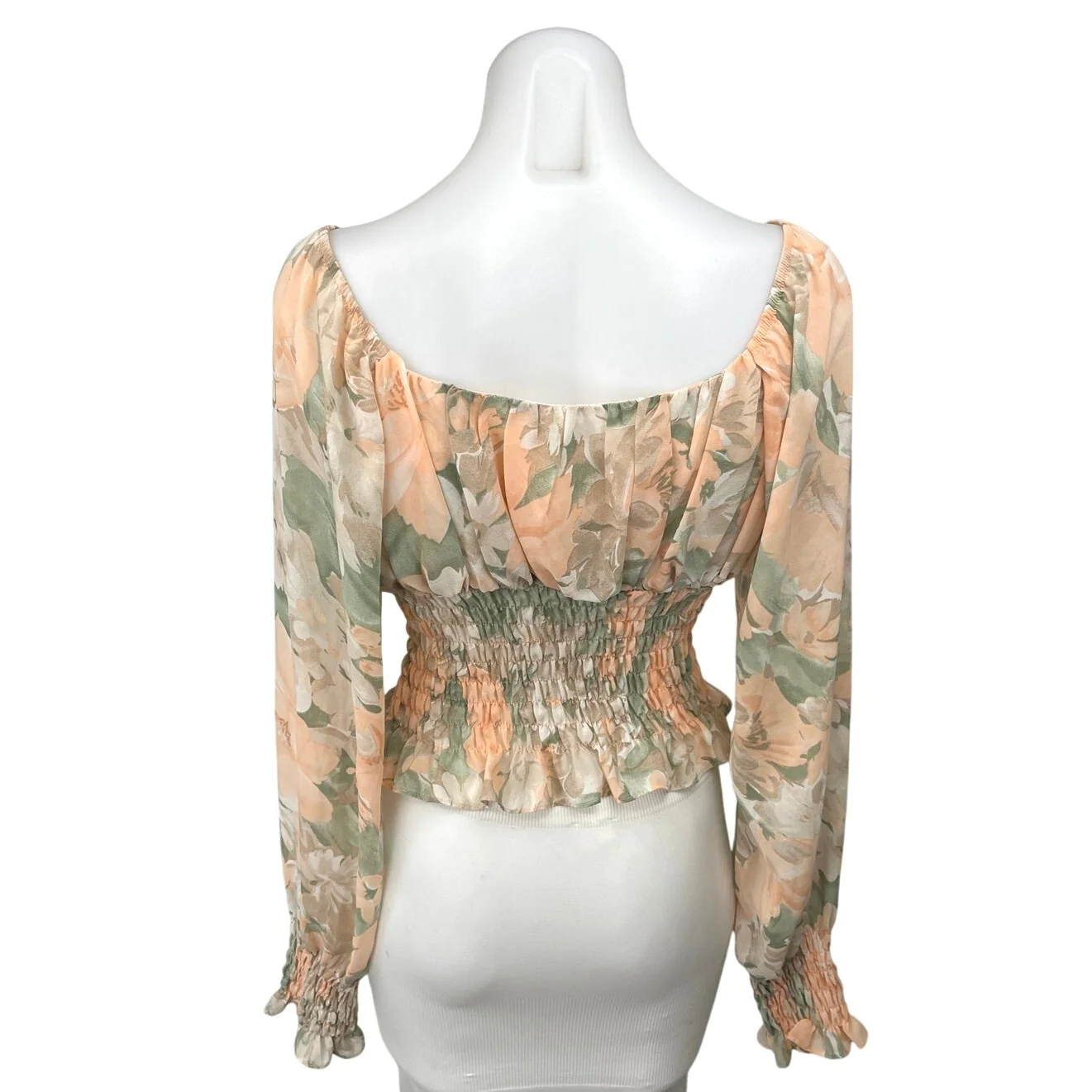 Lena Green Orange Coral Floral Long Sleeve Smocked Cropped Blouse Top Size S - Image 2