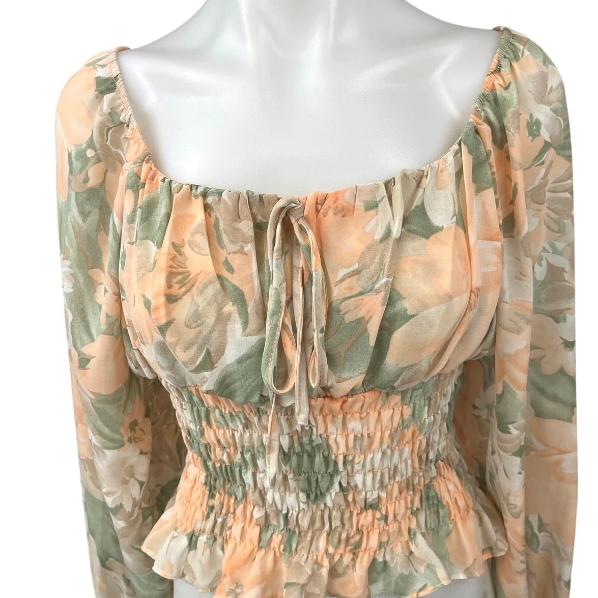 Lena Green Orange Coral Floral Long Sleeve Smocked Cropped Blouse Top Size S - Image 3