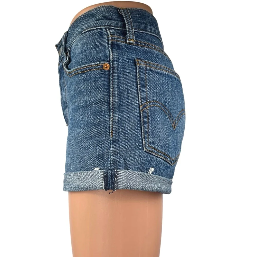 Levi’s White Oak Cone Blue Denim High Waist Button Fly Cuffed Jean Shorts Sz 26 - Image 2