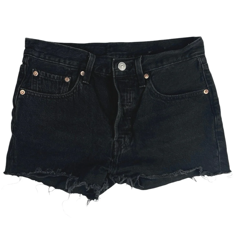 Levi's 501 Black High Waist Frayed Cut Off Raw Hem Denim Jean Shorts Size Sz 27