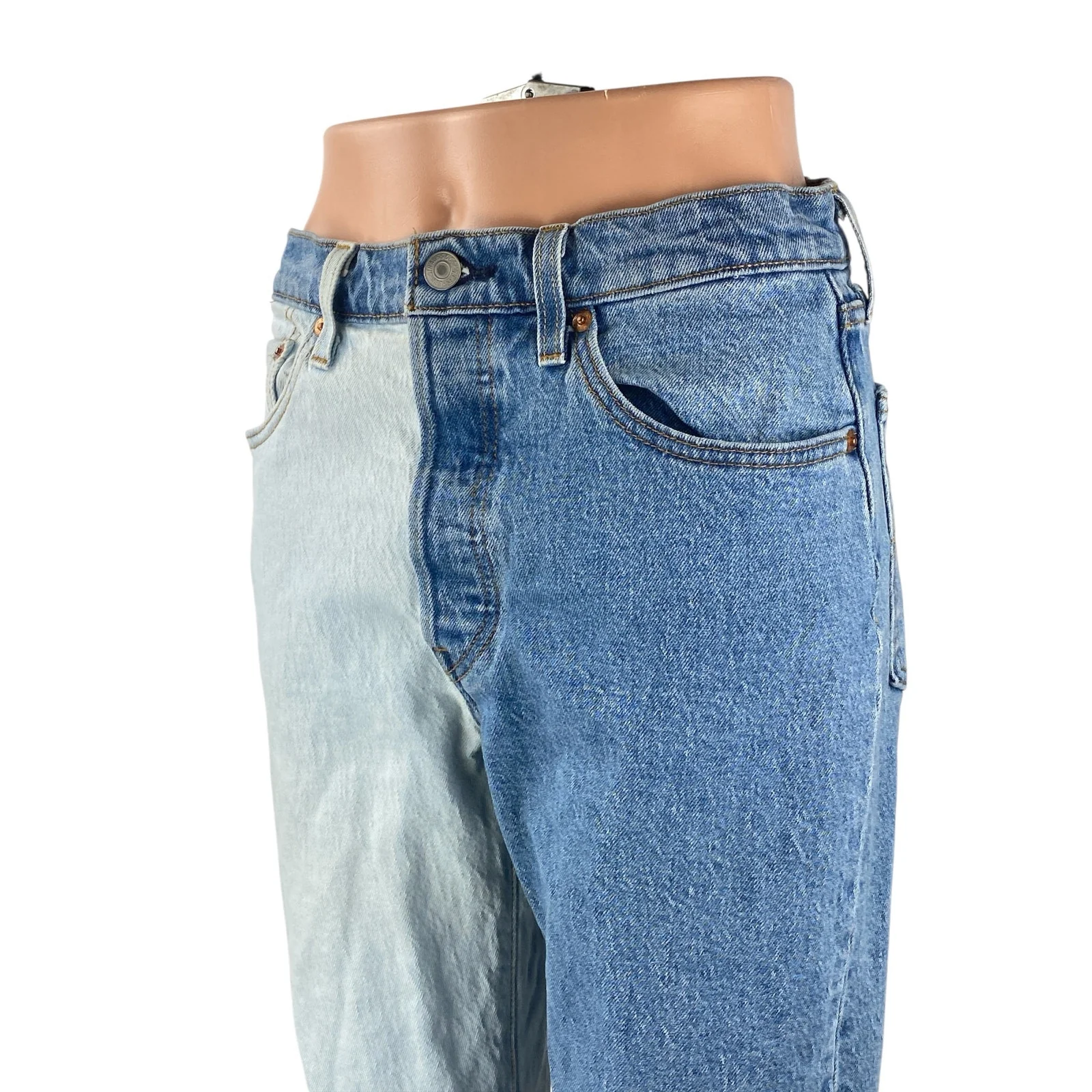Levi's 501 Women's Blue Coloblock Patchwork Straight High Rise Denim Jeans Sz 28 - Image 2