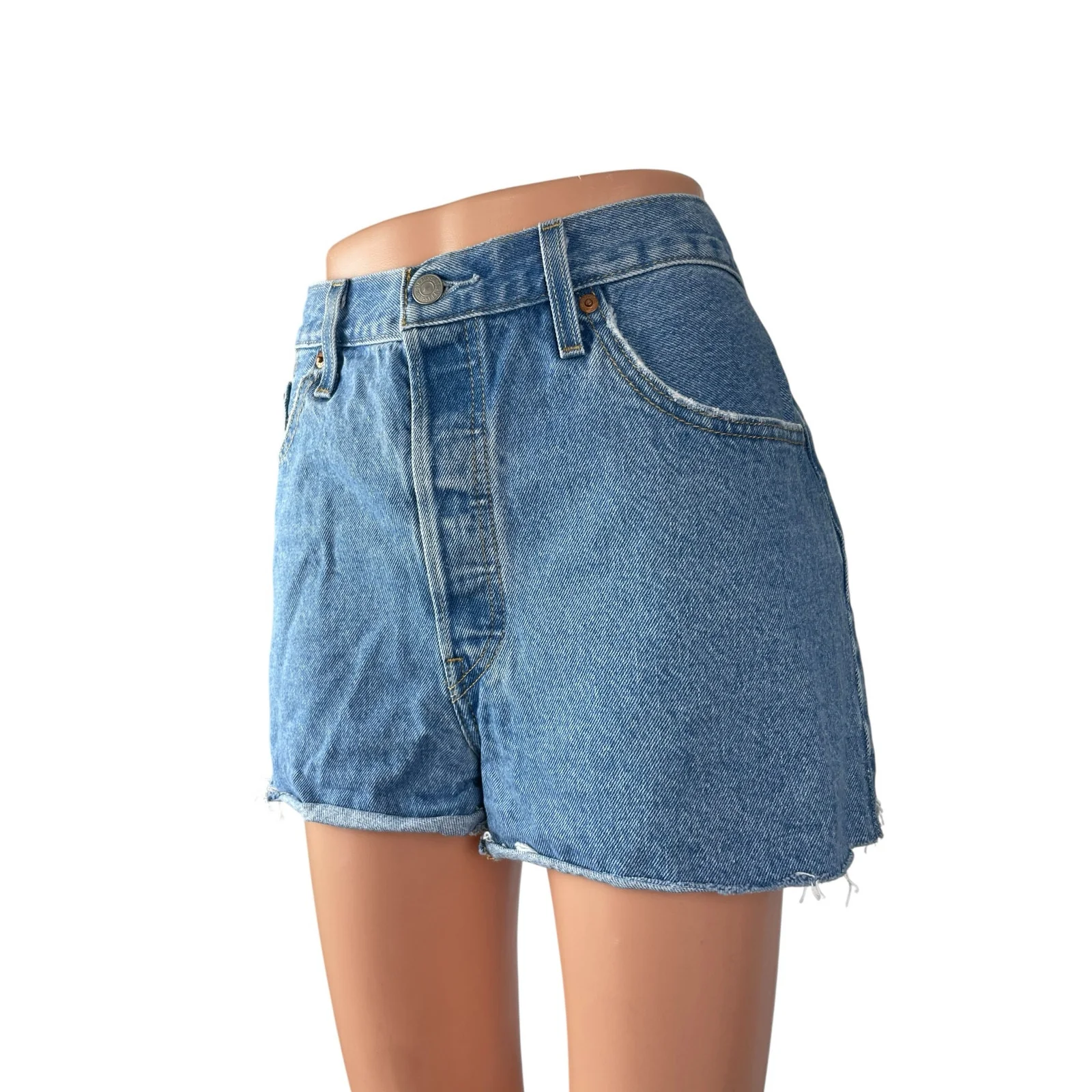 Levi's 501 Women's Blue High Waisted Cut Off Frayed Denim Jean Shorts Size 33 - Image 2