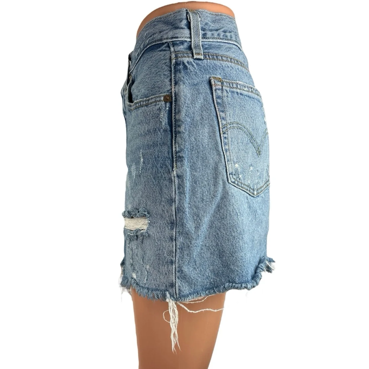Levi's Blue Light Wash Distressed Cut Off High Waisted Denim Jean Skirt Size 25 - Image 2