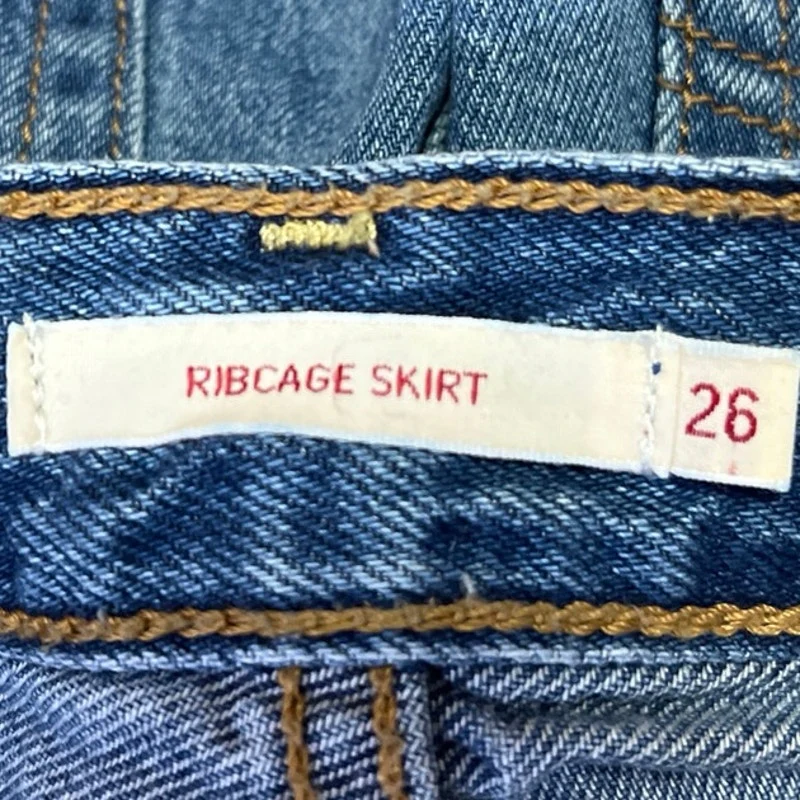 Levi's Ribcage Blue High Waisted Raw Hem Mini Pencil Denim Jean Skirt Size 26 - Image 5