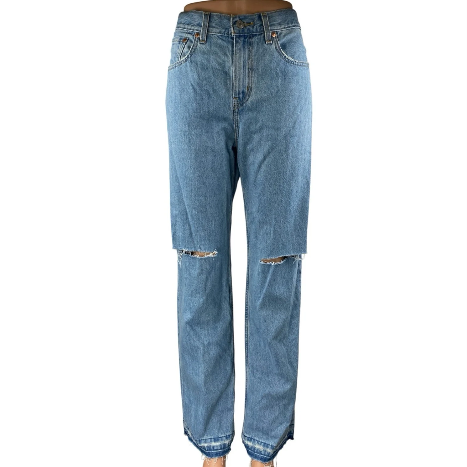 Levi's Women's Blue High Waist Distressed Frayed Raw Hem Straight Denim Jeans 28
