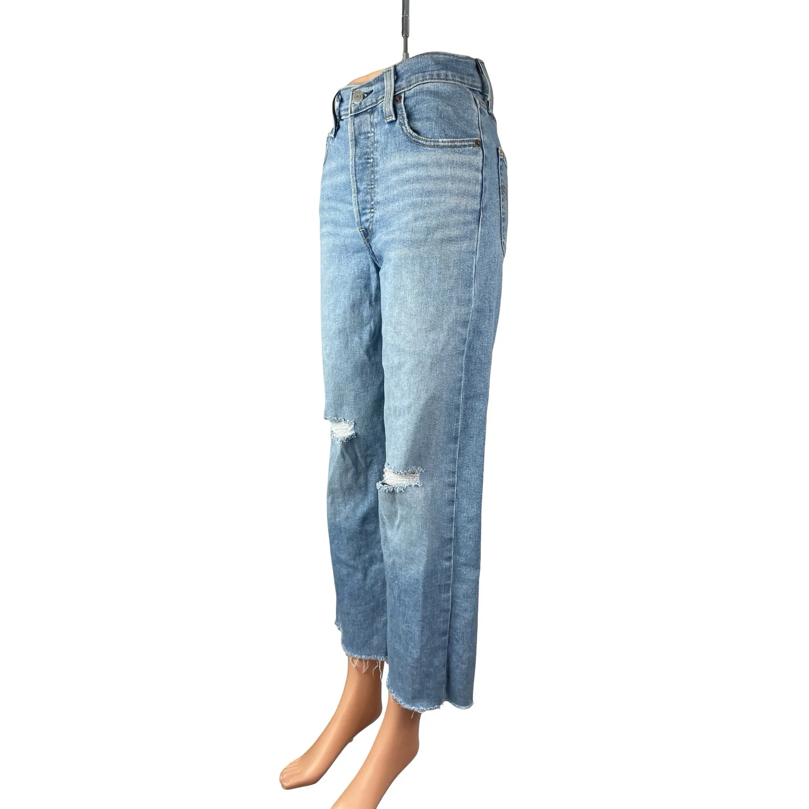 Levi's Womens Light Blue Distressed Raw Frayed Hem Straight Denim Jeans Pants 25 - Image 2