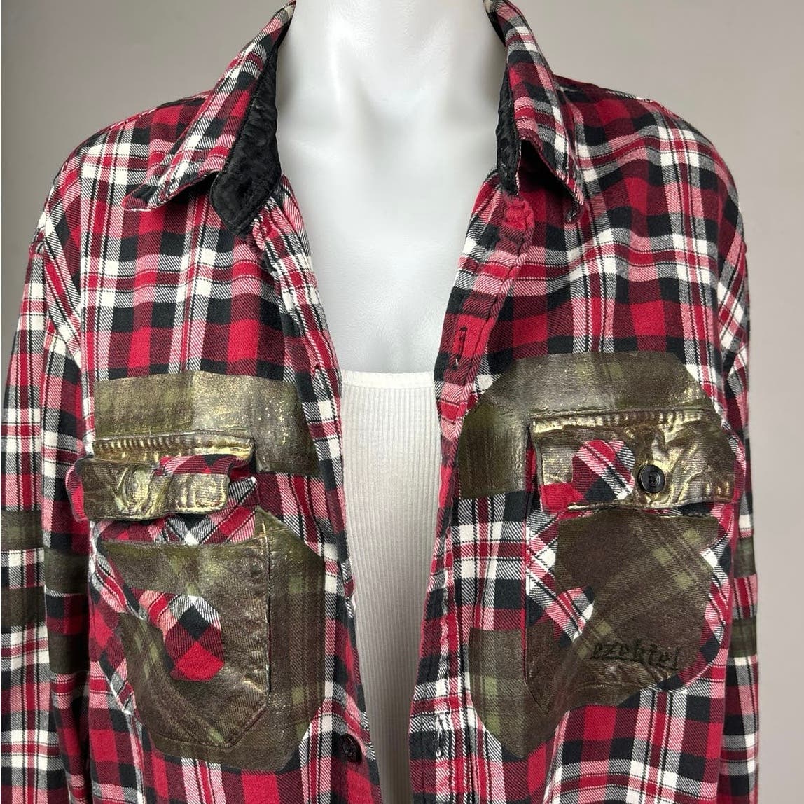 LF Furst of A Kind Red Oversized Plaid Check Flannel Button Up Shirt One Size - Image 5