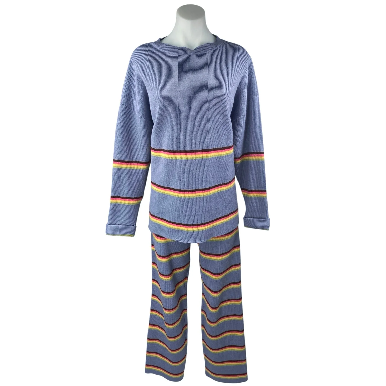 Lillusory Blue Striped Knit Long Sleeve Sweater Pants 2 Pc Lounge Set Size S