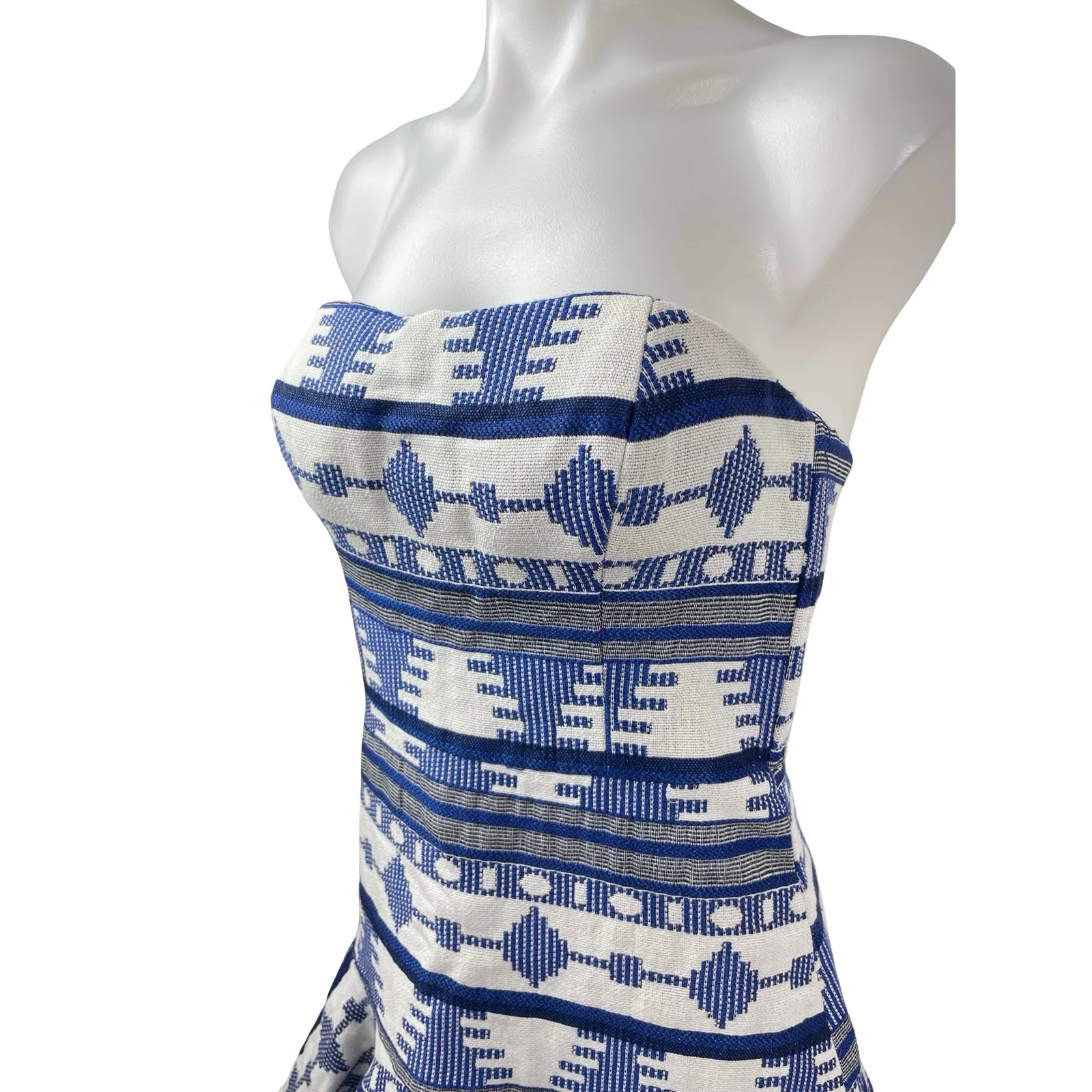 Line and Dot Blue White Aztec Tribal Strapless Sweetheart A Line Mini Dress Sz S - Image 3