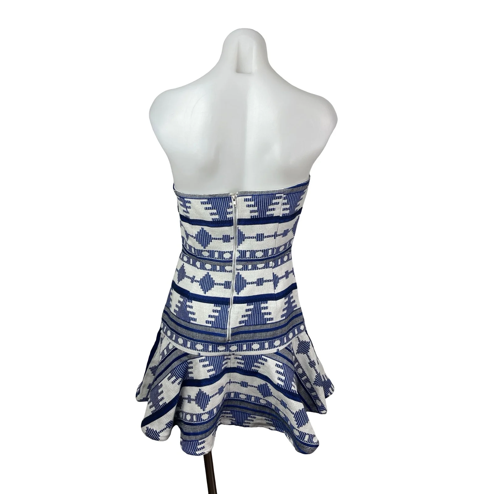 Line and Dot Blue White Aztec Tribal Strapless Sweetheart A Line Mini Dress Sz S - Image 4