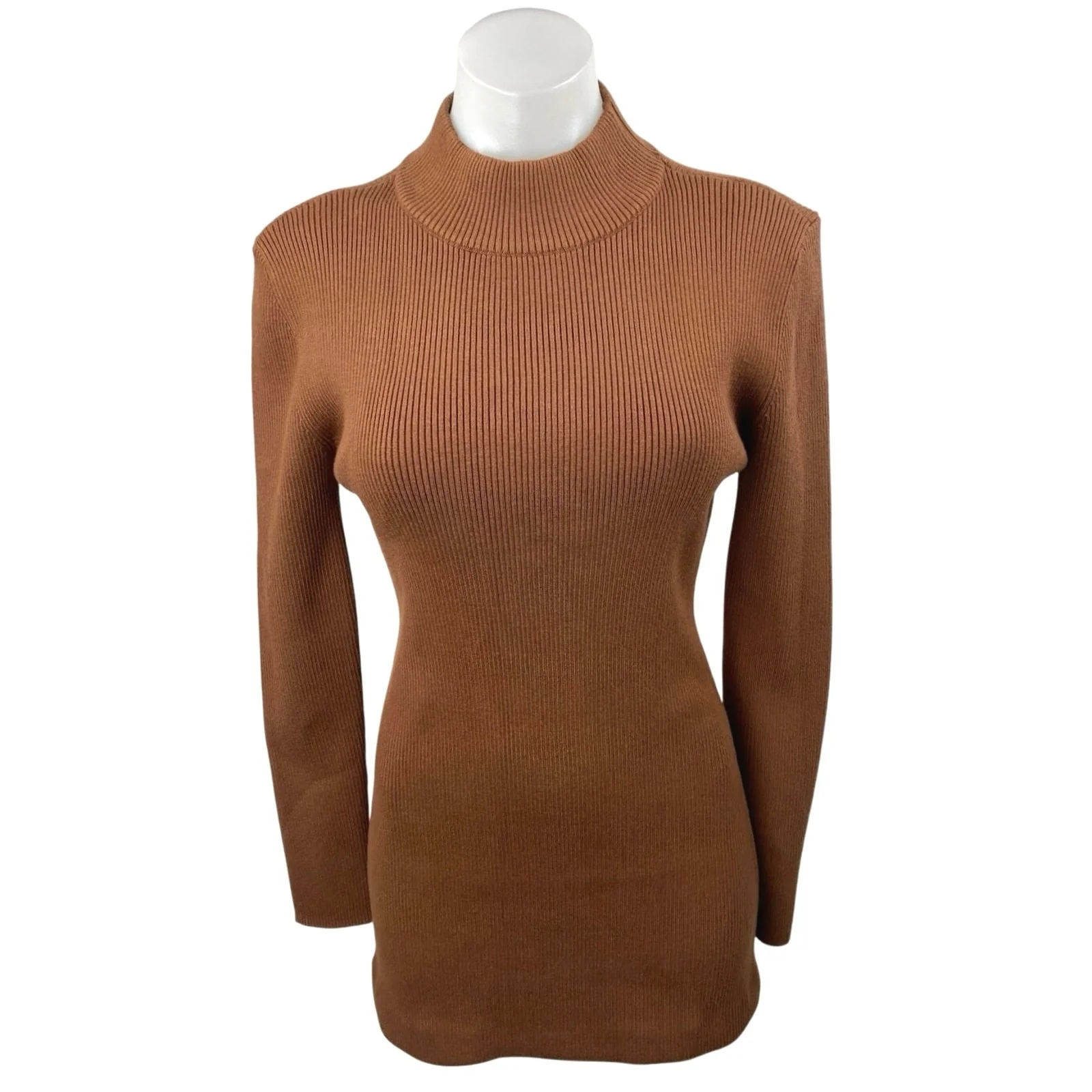 Line and Dot Brown Rib Knit Mock Neck Long Sleeve Mini Bodycon Sweater Dress S