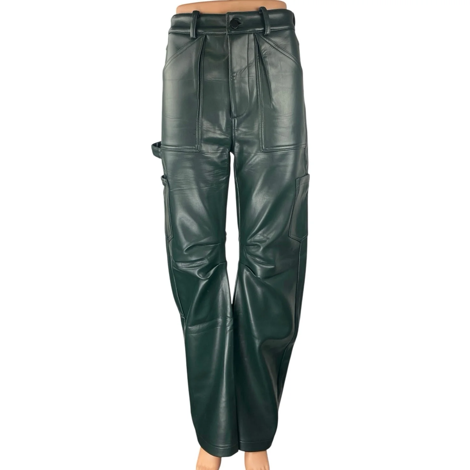 Lioness Green Faux Leather High Waist Wide Baggy Carrot Barrel Cargo Pants XXS