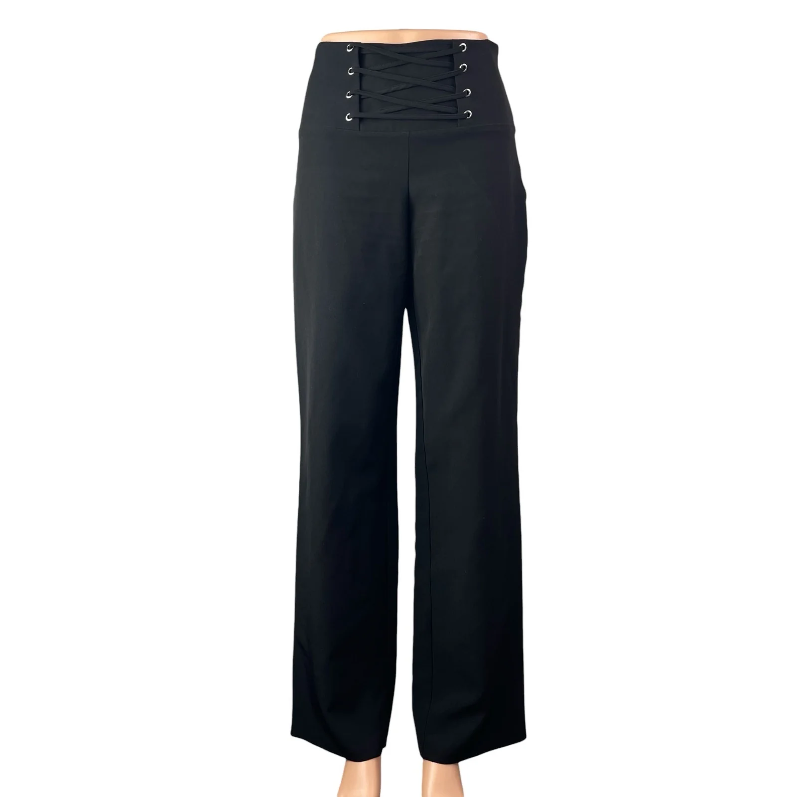 Lipsy Women's Black Lace Up High Waisted Wide Leg Trousers Dress Pants Size 4