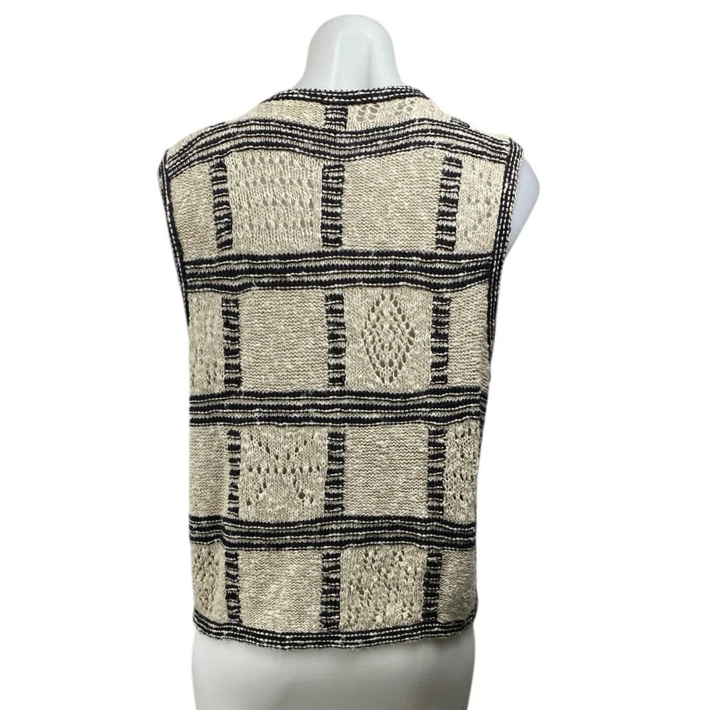 Liz Claiborne Liz & Co Beige Black Linen Windowpane Sleeveless Cardigan Vest MP - Image 3