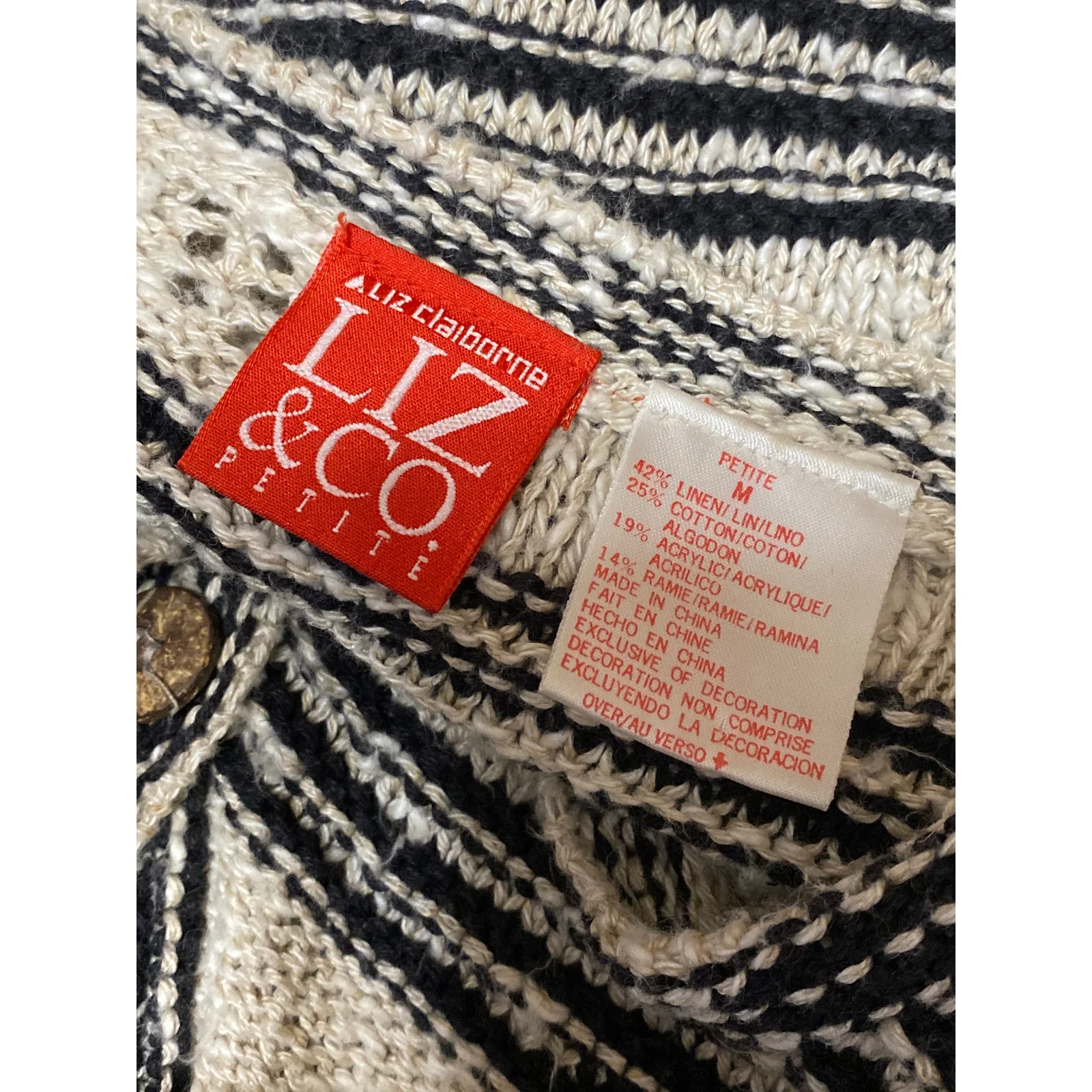 Liz Claiborne Liz & Co Beige Black Linen Windowpane Sleeveless Cardigan Vest MP - Image 4
