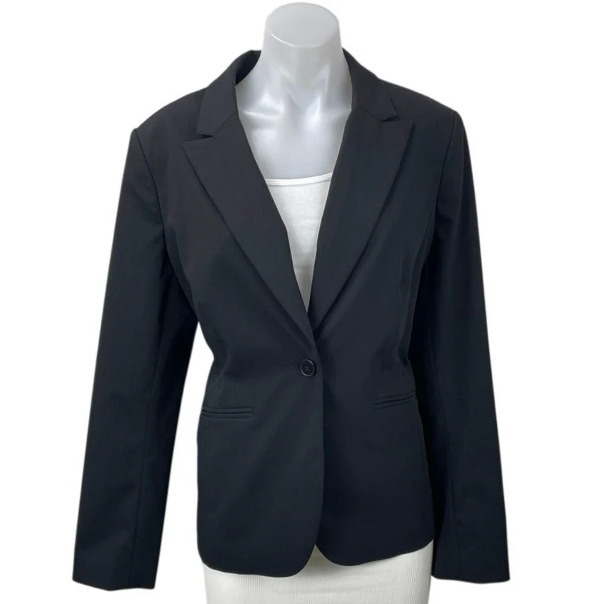 Liz Claiborne Women Black One Button Peak Lapel Long Sleeve Blazer Coat Jacket M