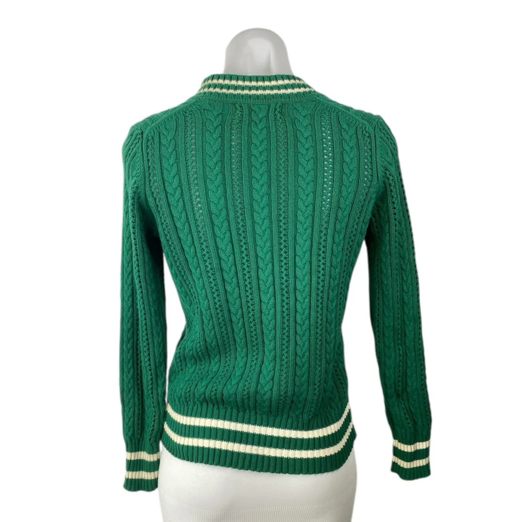 Liz Claiborne Women's Green Stripe Cable Knit V Neck Long Sleeve Sweater Top S - Image 2
